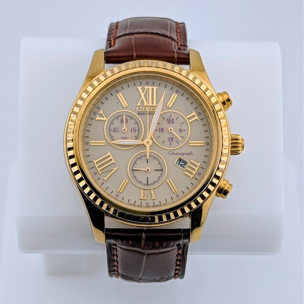 Citizen Eco-Drive H504-S089158 Gold-tone Chronograph Watch Brown Strap 40mm